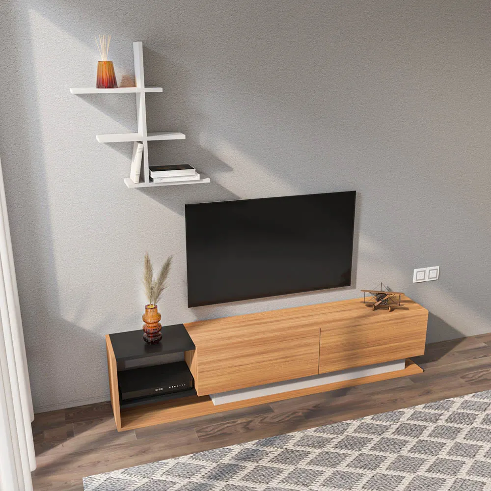 Liza 2 Door TV Unit with Wall Shelf - Teak Black, White