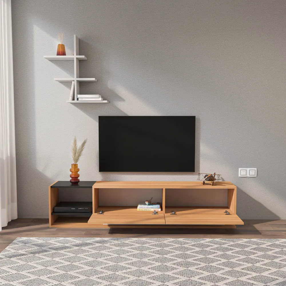 Liza 2 Door TV Unit with Wall Shelf - Teak Black, White