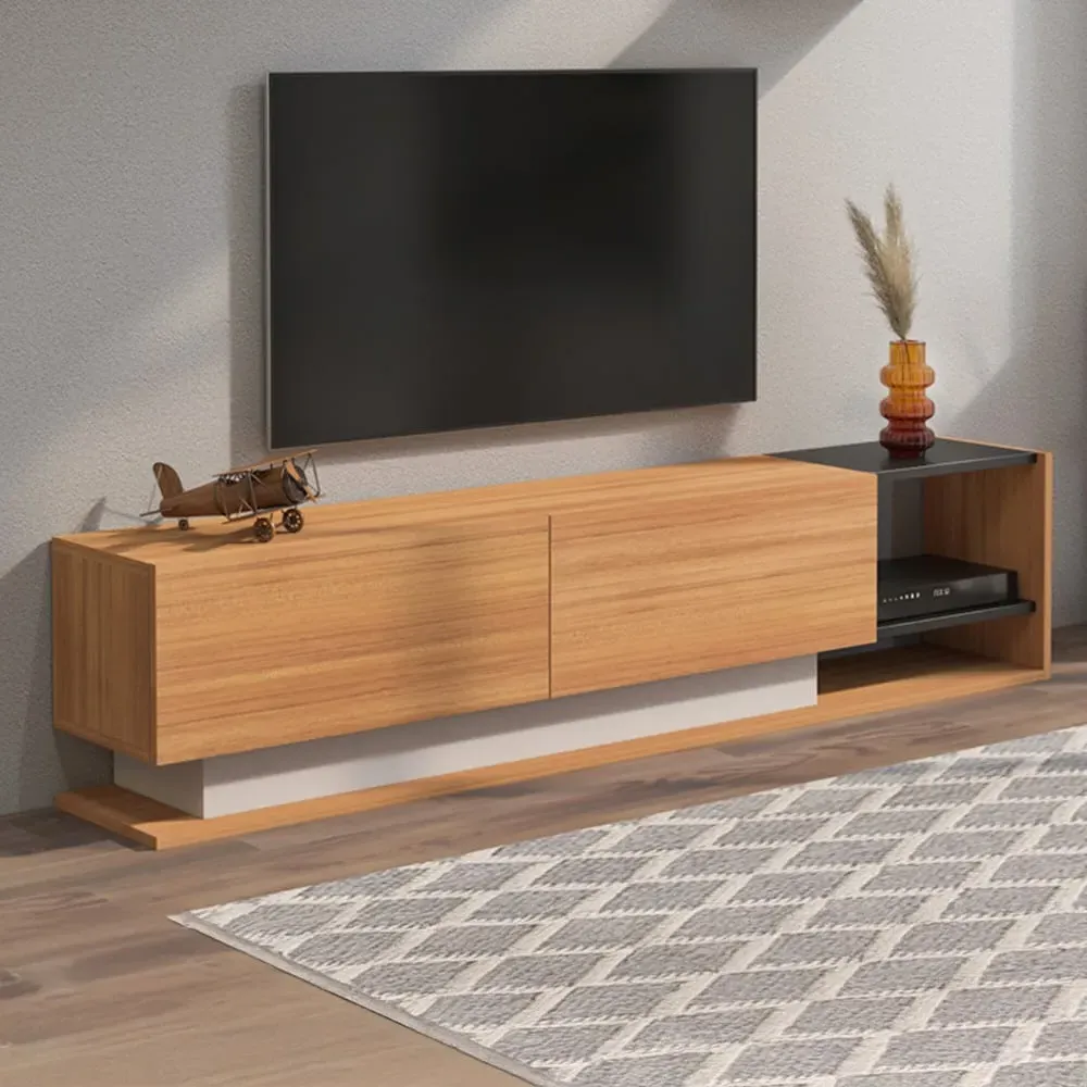 Liza 2 Door TV Unit with Wall Shelf - Teak Black, White image