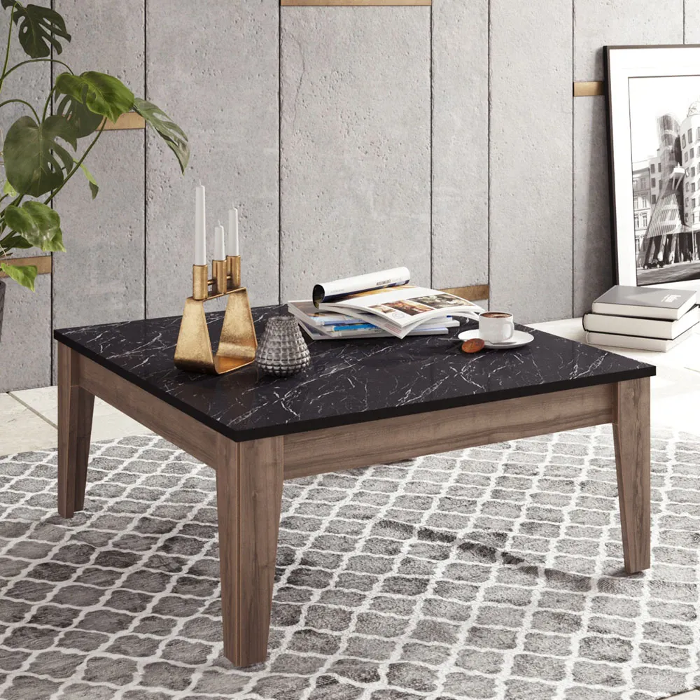 Lorenz Coffee Table - Black Marble Effect, Walnut