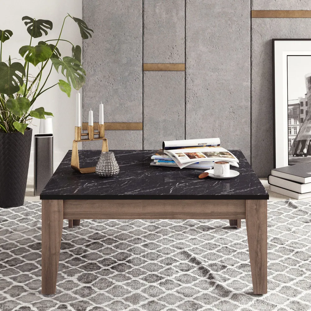 Lorenz Coffee Table - Black Marble Effect, Walnut