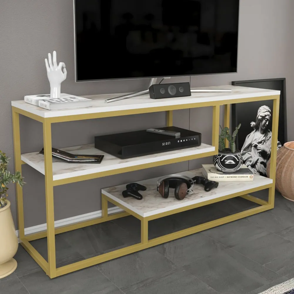 Lorin 3 Shelf TV Unit - White Marble, Gold