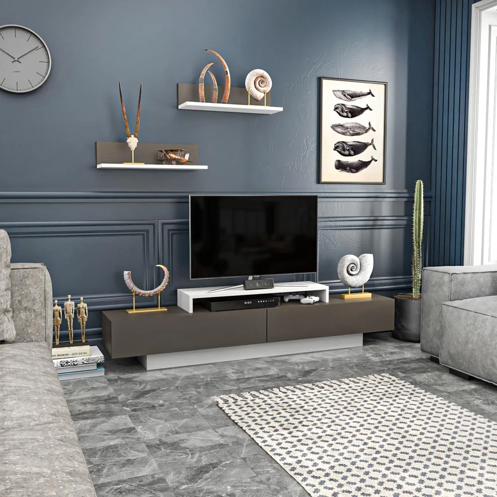 Lusi 2 Door TV Unit with Wall Shelves - White, Coffee Galaxy