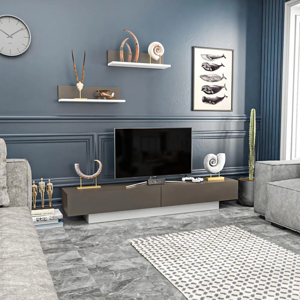 Lusi 2 Door TV Unit with Wall Shelves - White, Coffee Galaxy