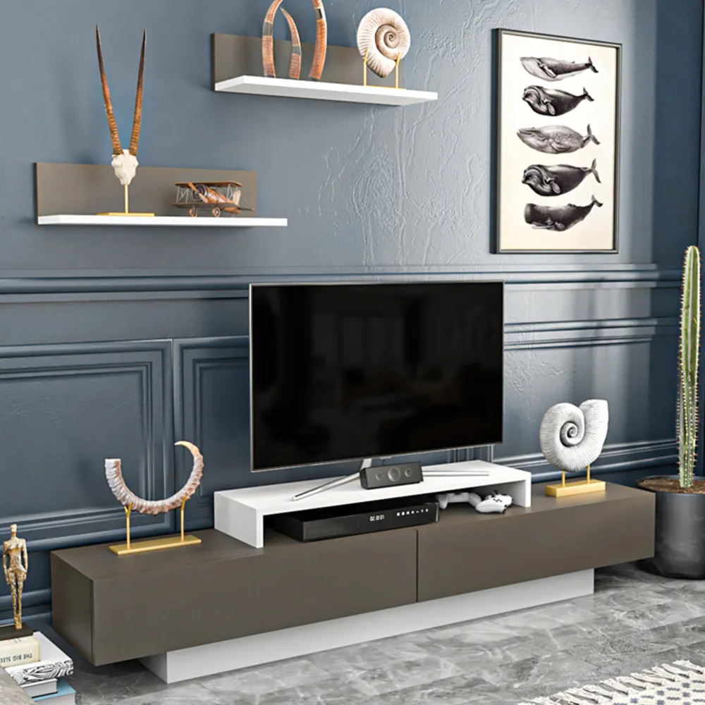 Lusi 2 Door TV Unit with Wall Shelves - White, Coffee Galaxy