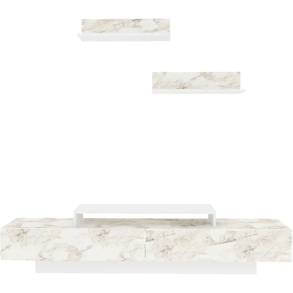 Lusi 2 Door TV Unit with Wall Shelves - White Marble Effect