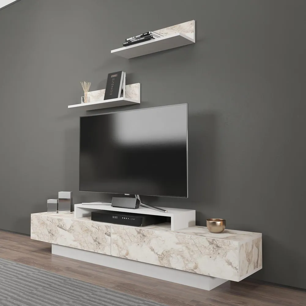Lusi 2 Door TV Unit with Wall Shelves - White Marble Effect