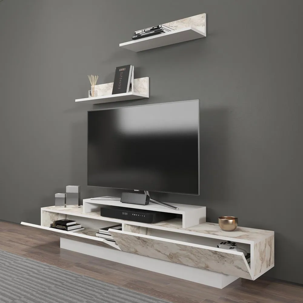 Lusi 2 Door TV Unit with Wall Shelves - White Marble Effect