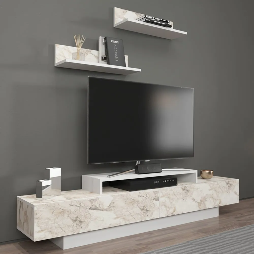 Lusi 2 Door TV Unit with Wall Shelves - White Marble Effect