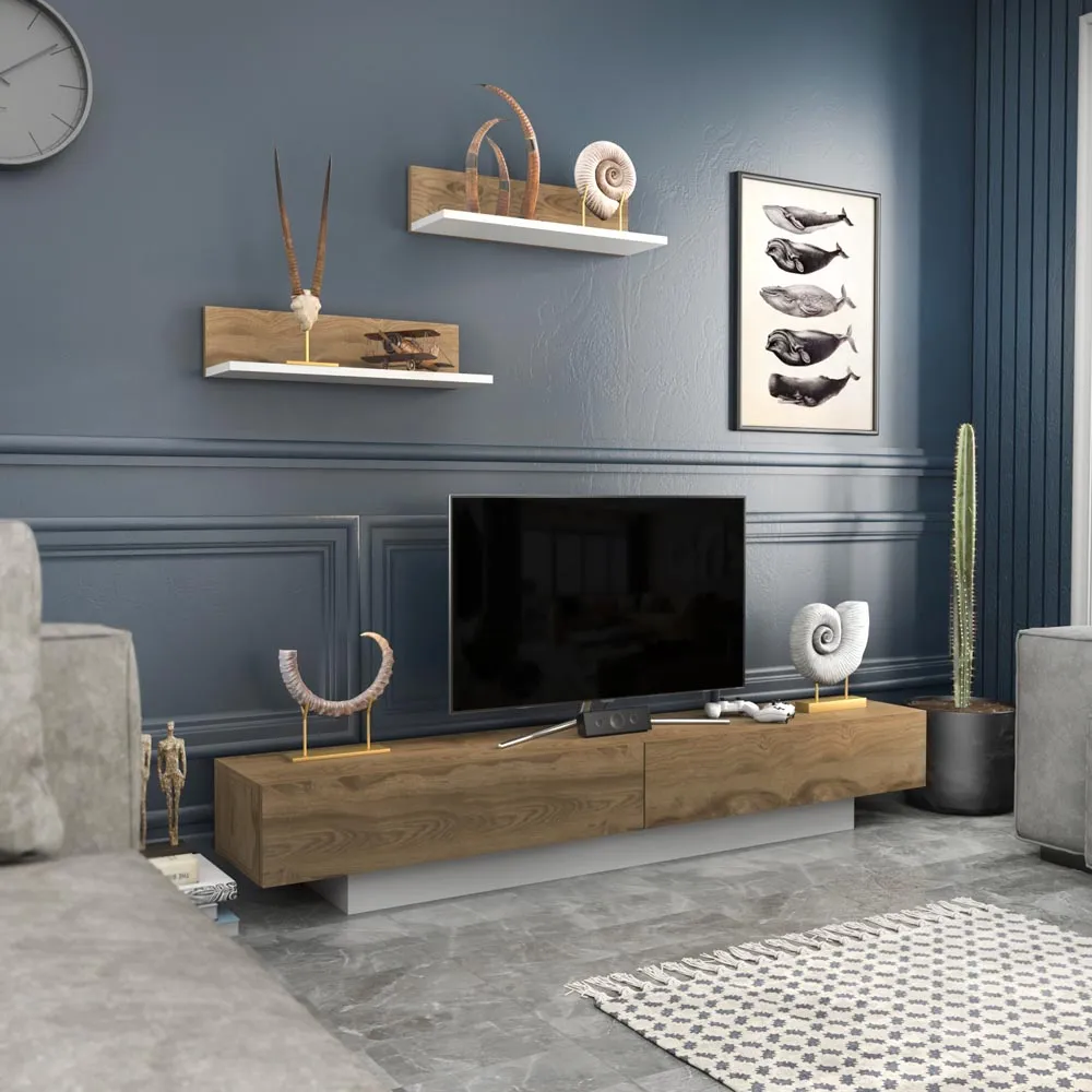 Lusi 2 Door TV Unit with Wall Shelves - White, Oud