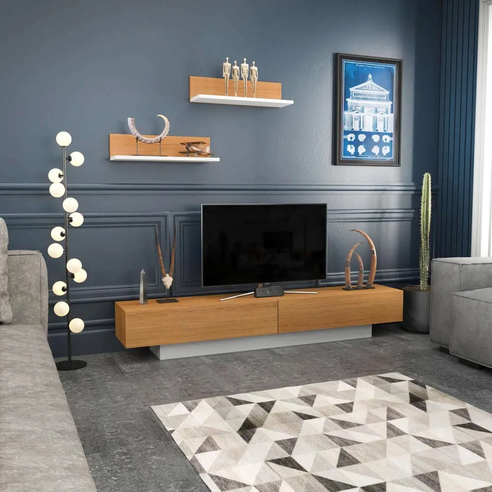 Lusi 2 Door TV Unit with Wall Shelves - White, Teak