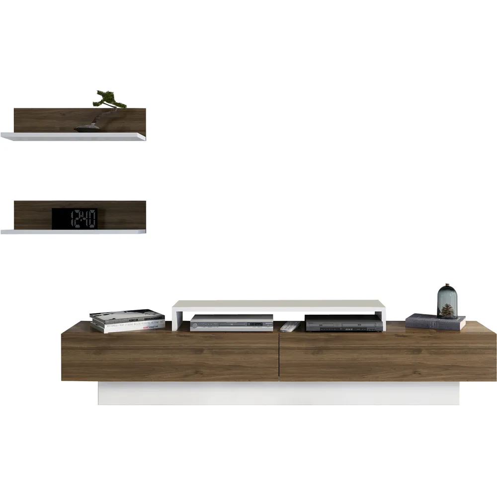 Lusi 2 Door TV Unit with Wall Shelves - White, Walnut