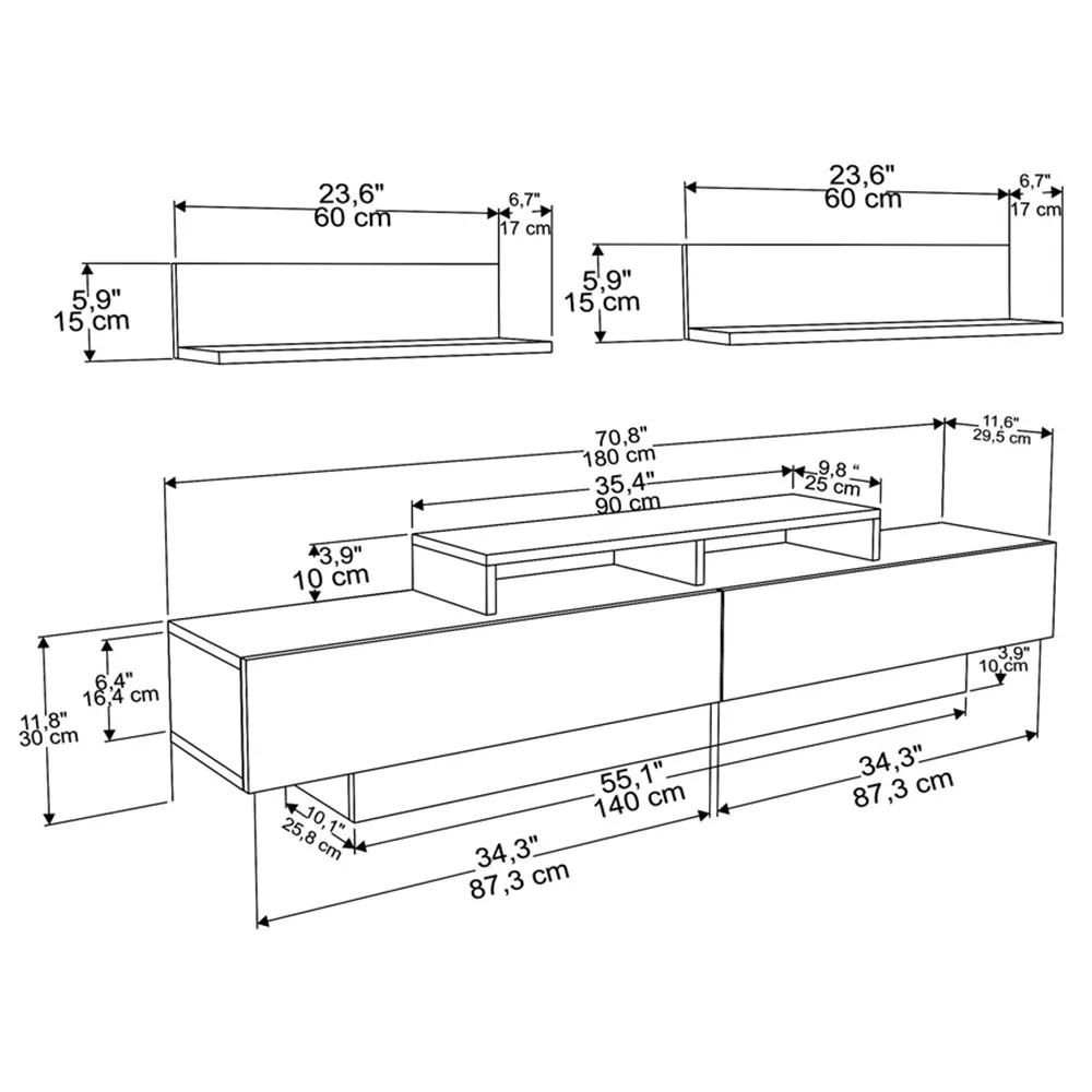 Lusi 2 Door TV Unit with Wall Shelves - White, Walnut