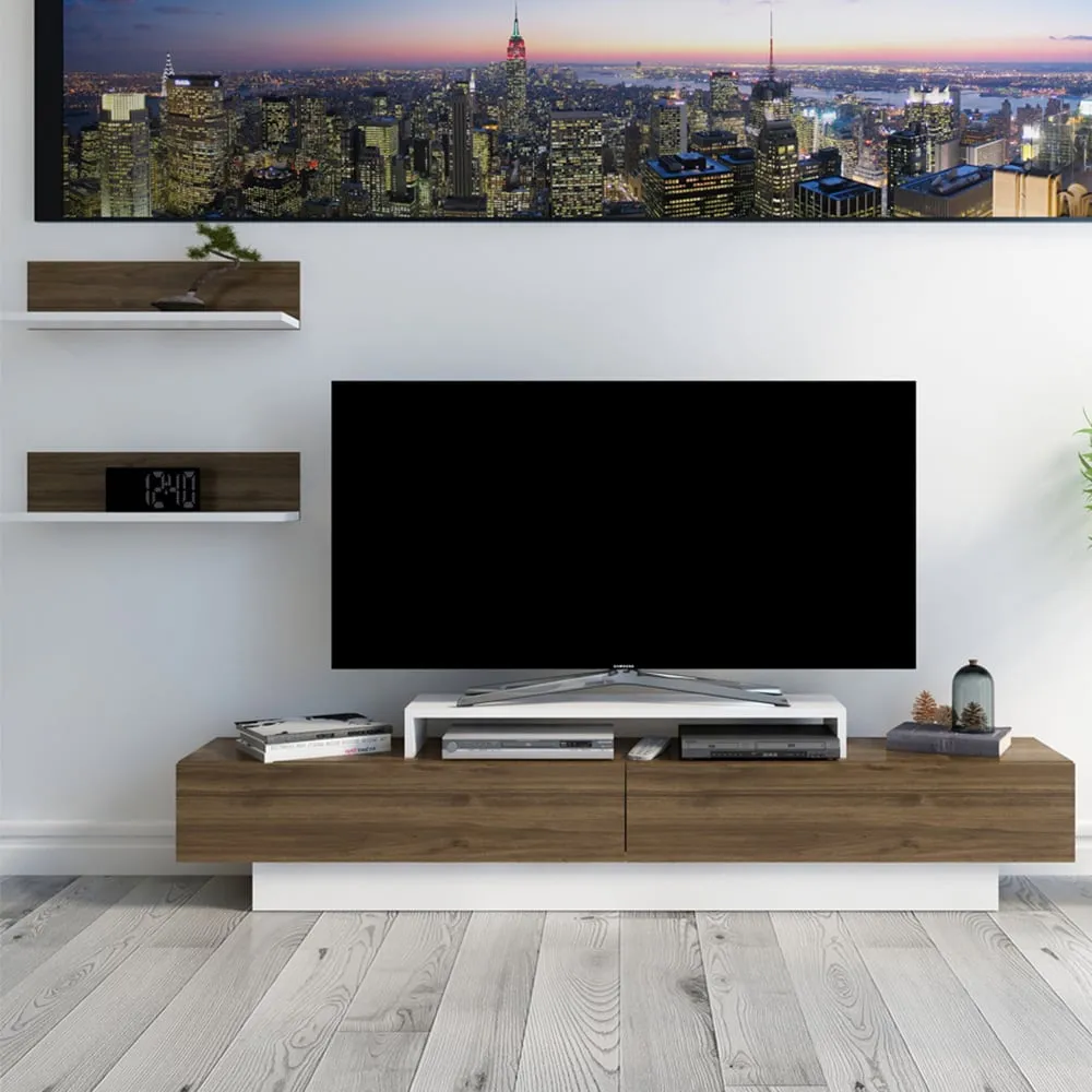 Lusi 2 Door TV Unit with Wall Shelves - White, Walnut