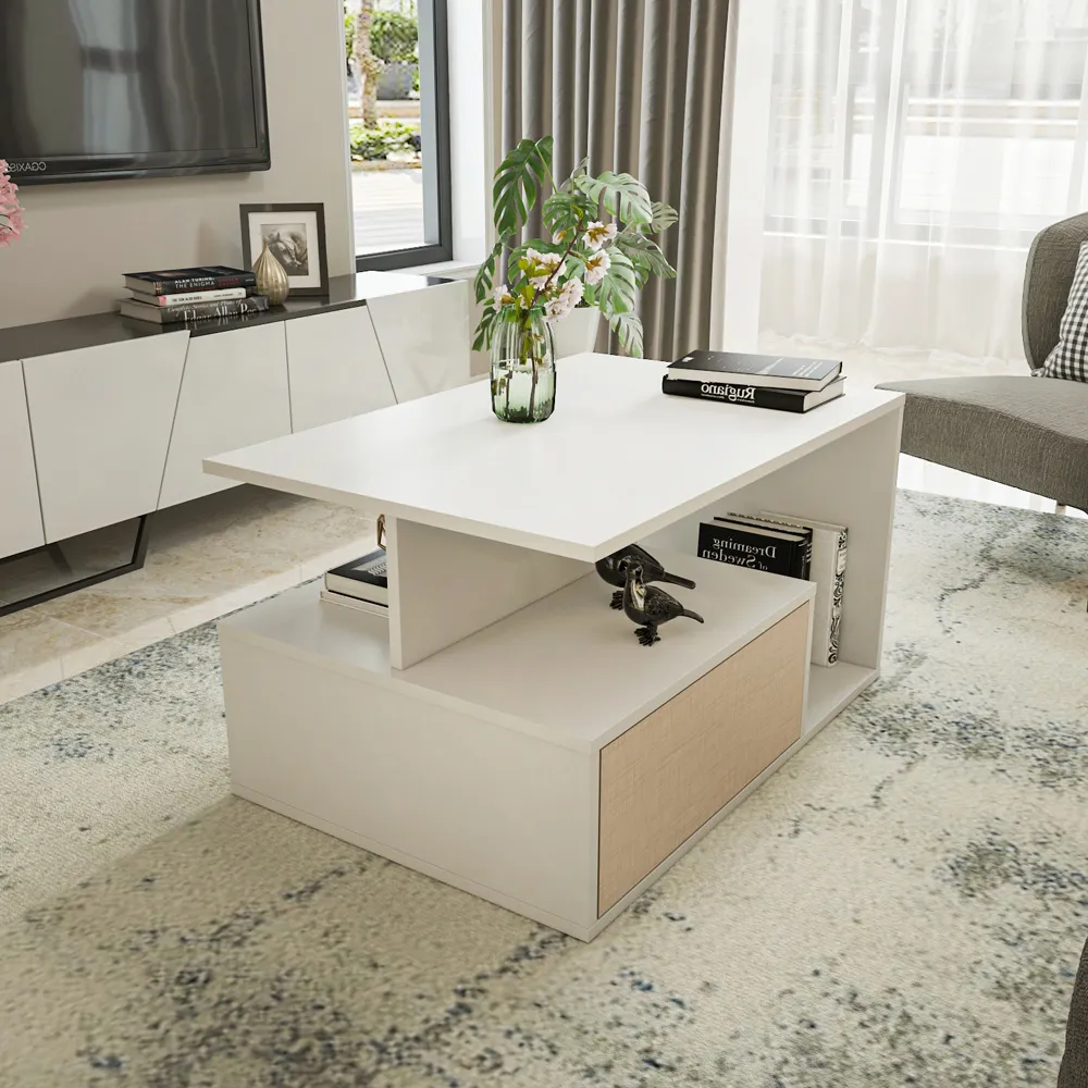 Mana Coffee Table with Shelf and Cabinet - White and Beige