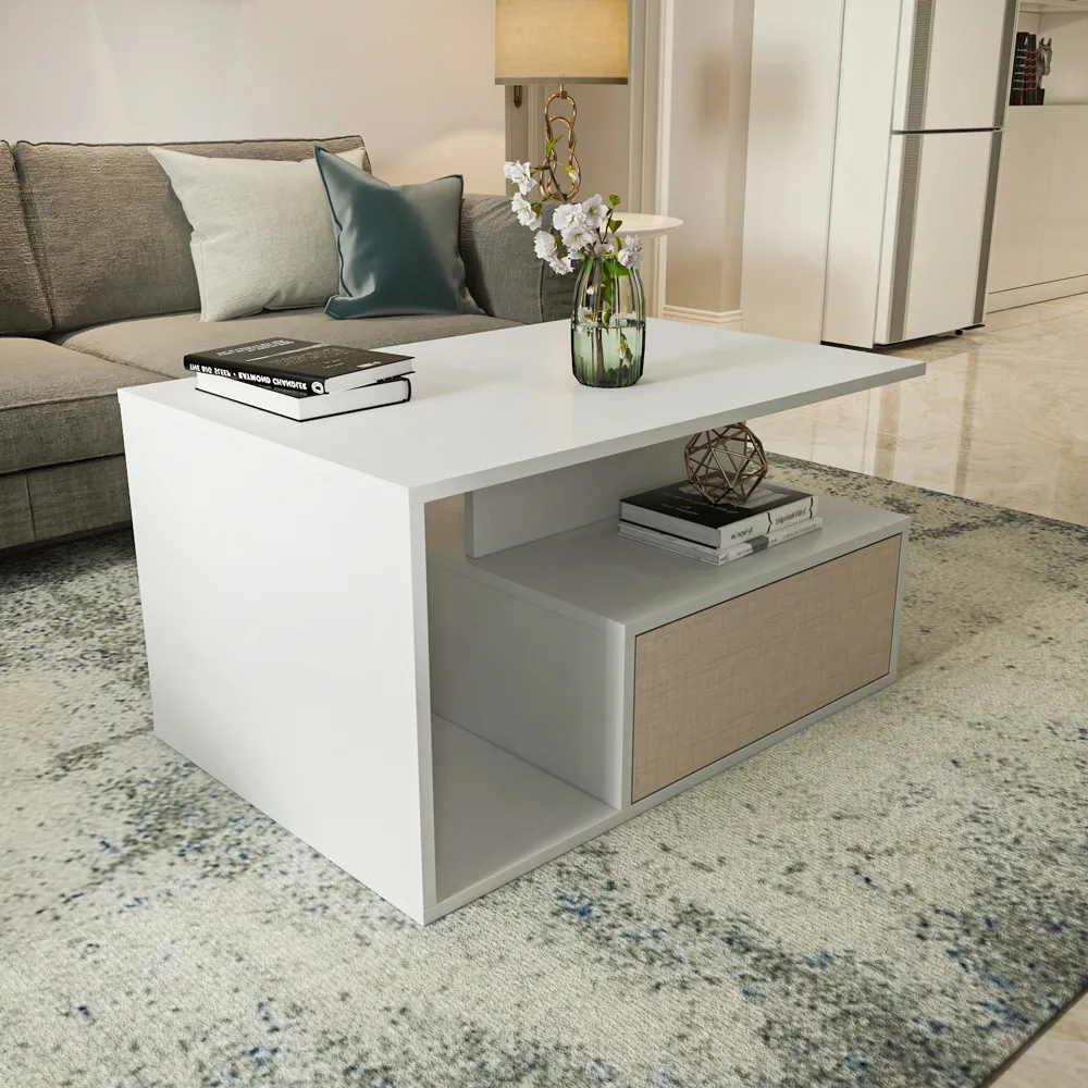 Mana Coffee Table with Shelf and Cabinet - White and Beige