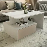 Mana Coffee Table with Shelf and Cabinet - White and Beige