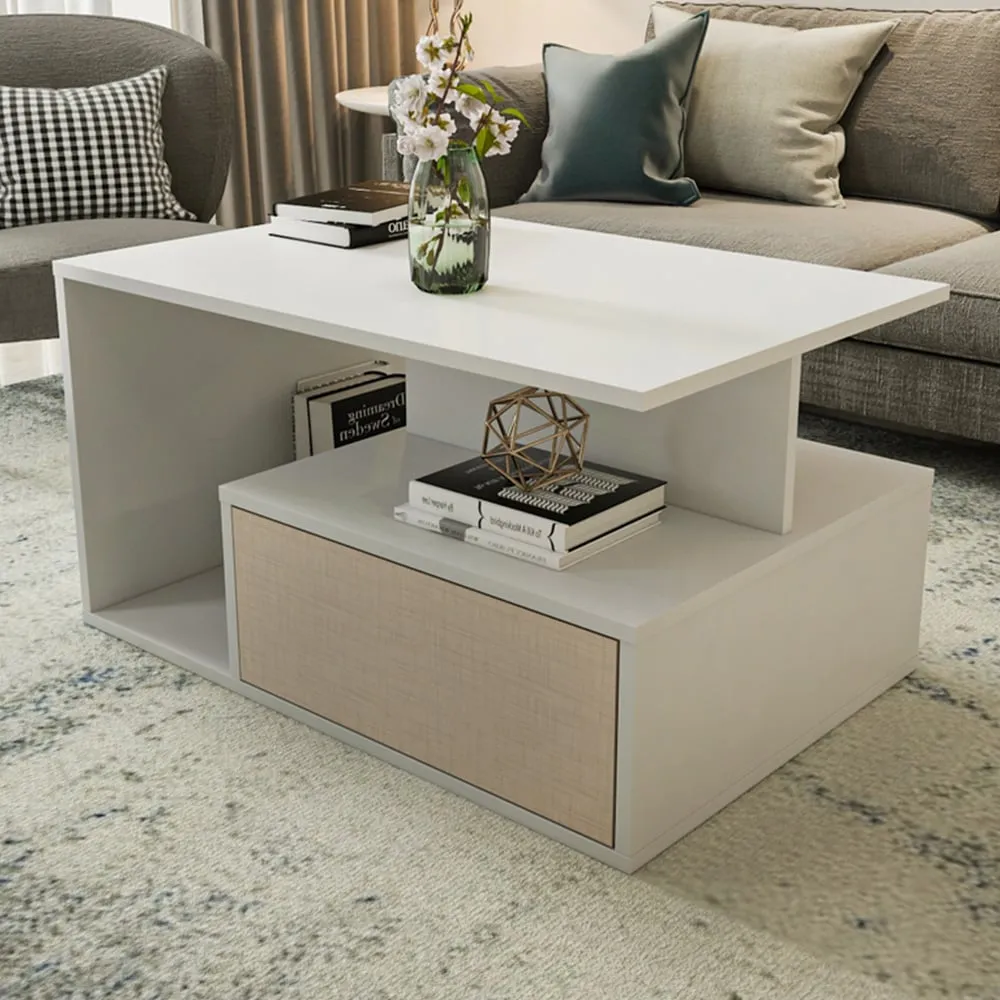 Mana Coffee Table with Shelf and Cabinet - White and Beige