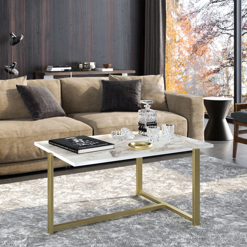 Merideths Rectangular Coffee Table - White Marble, Gold Metal