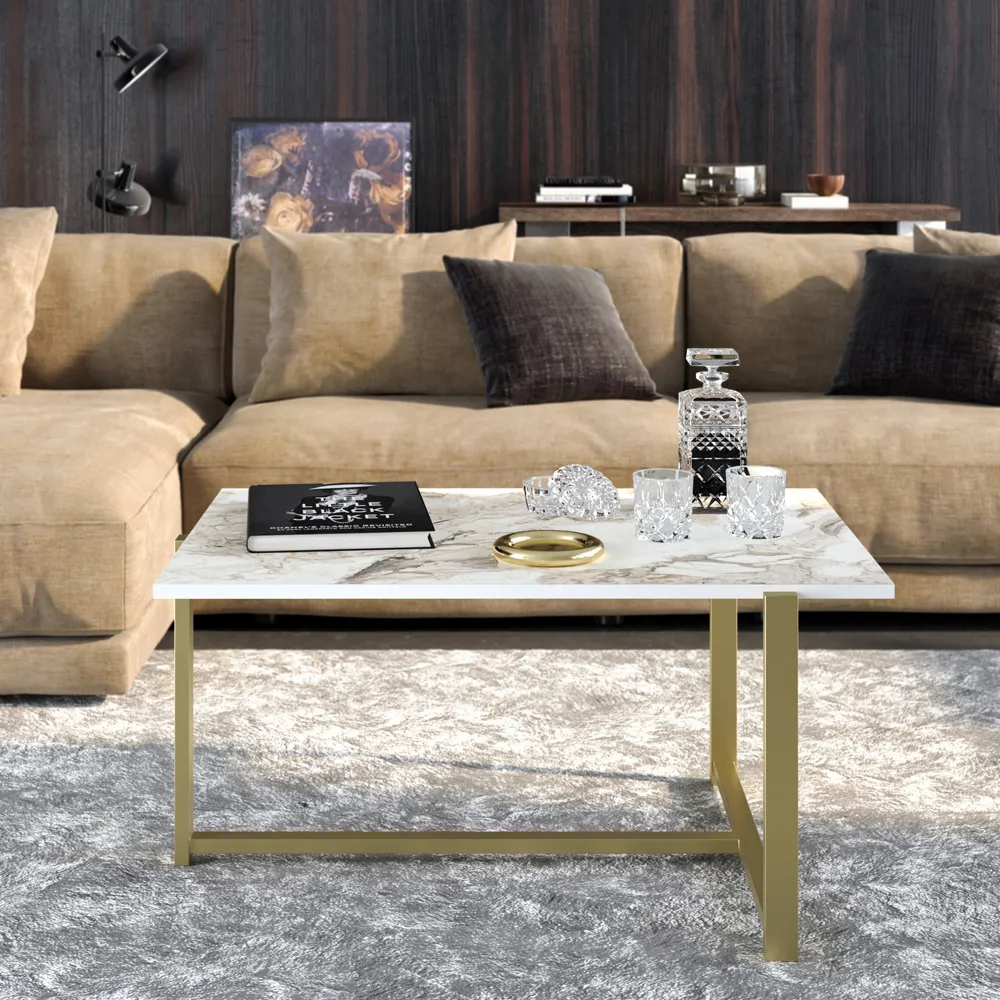 Merideths Rectangular Coffee Table - White Marble, Gold Metal