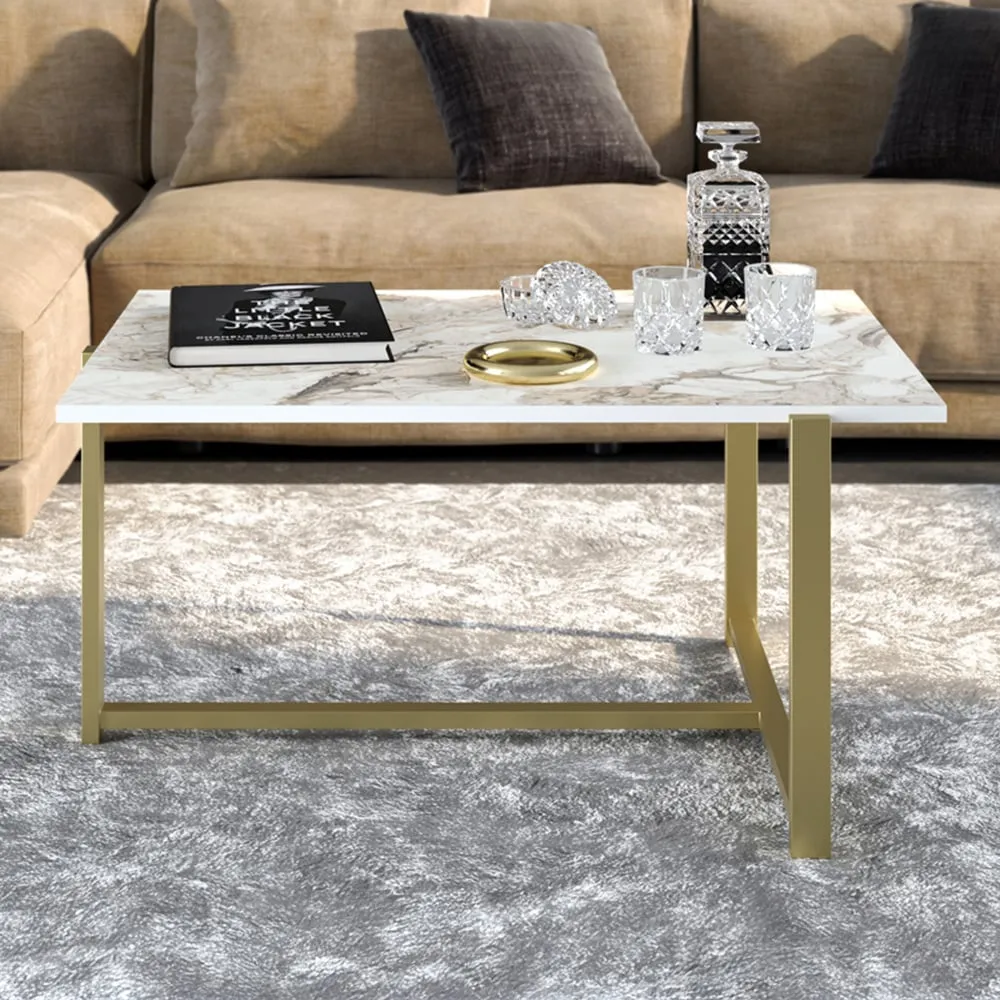 Merideths Rectangular Coffee Table - White Marble, Gold Metal image
