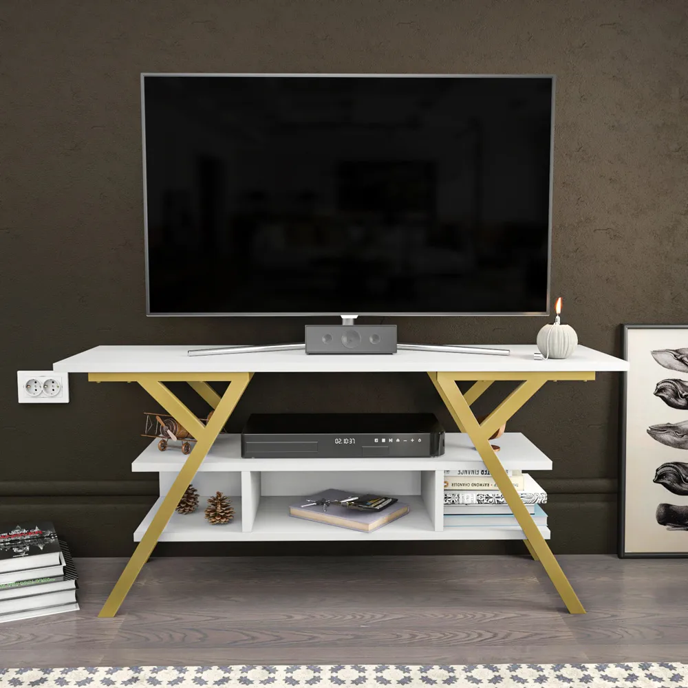 Minerva 4 Open Shelf TV Unit - Gold, White