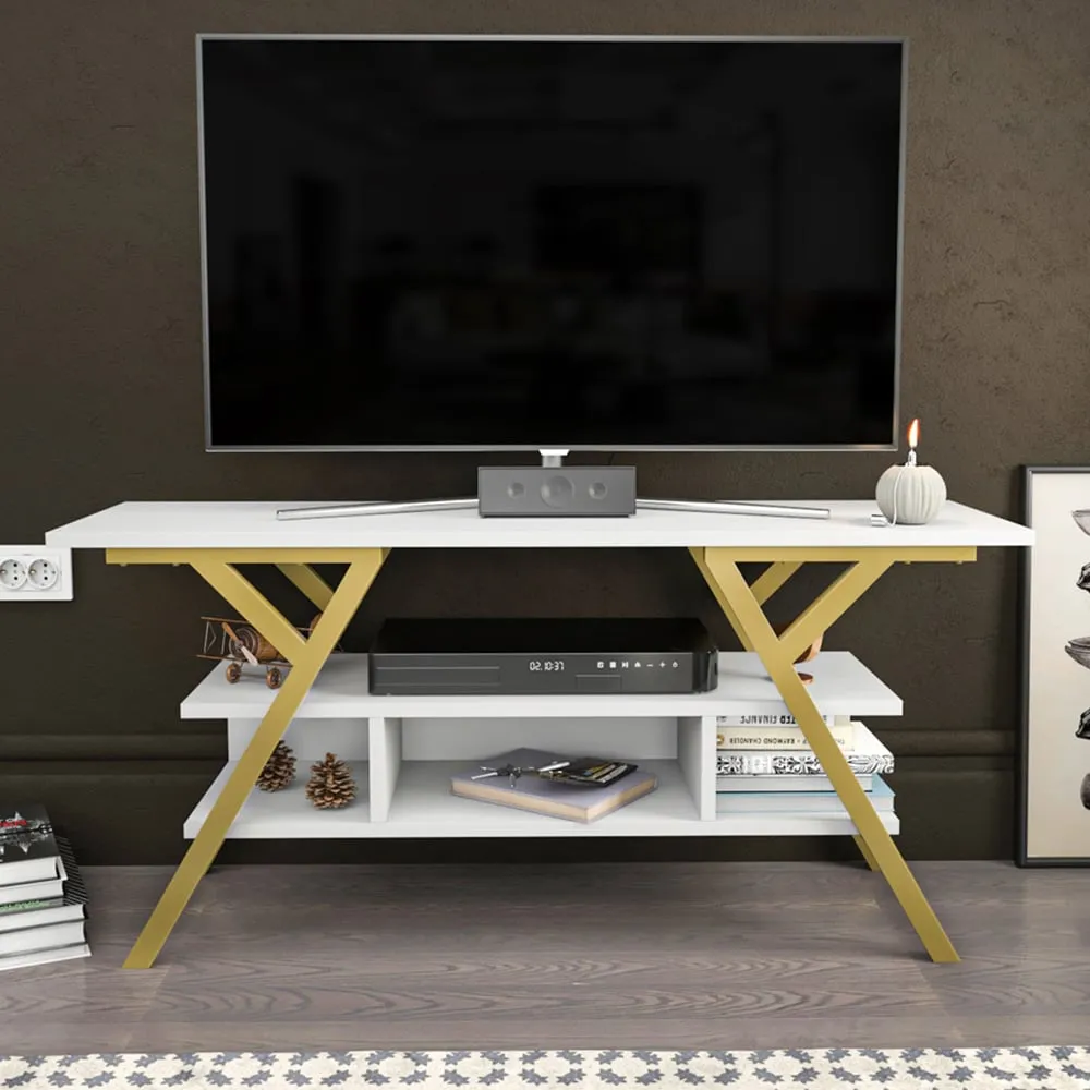 Minerva 4 Open Shelf TV Unit - Gold, White