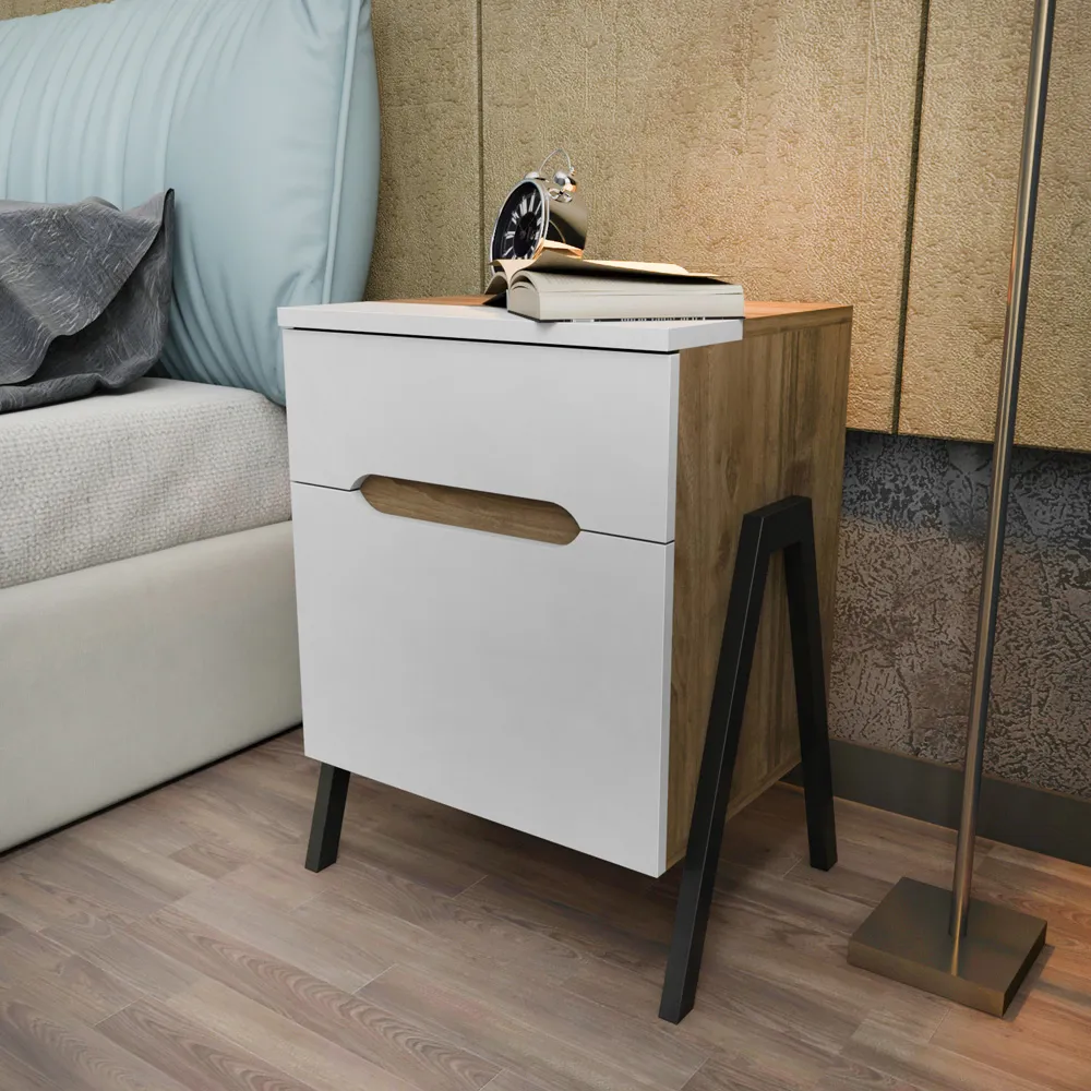 Neva Single Door Single Drawer Side Table - Walnut White