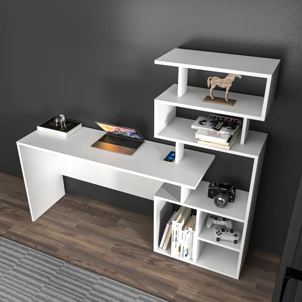 Next 7 Shelf Study Desk with Storage - White