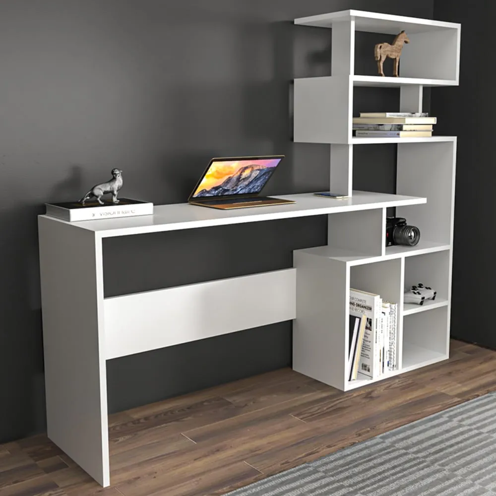 Next 7 Shelf Study Desk with Storage - White