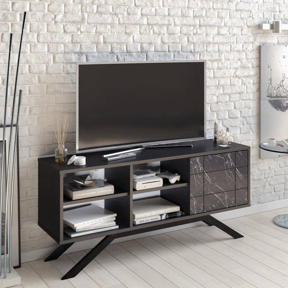 North Single Door TV Unit with Storage - Black Marble