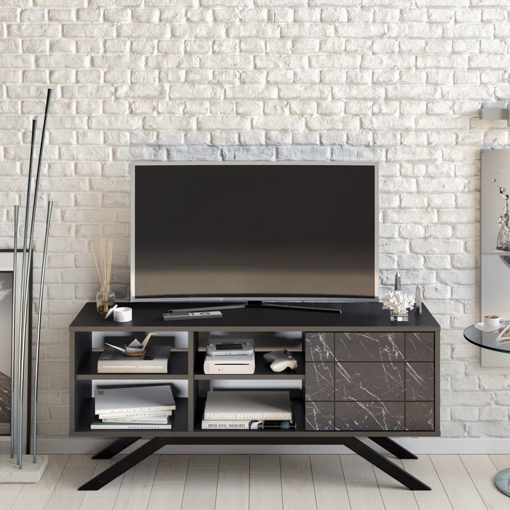 North Single Door TV Unit with Storage - Black Marble