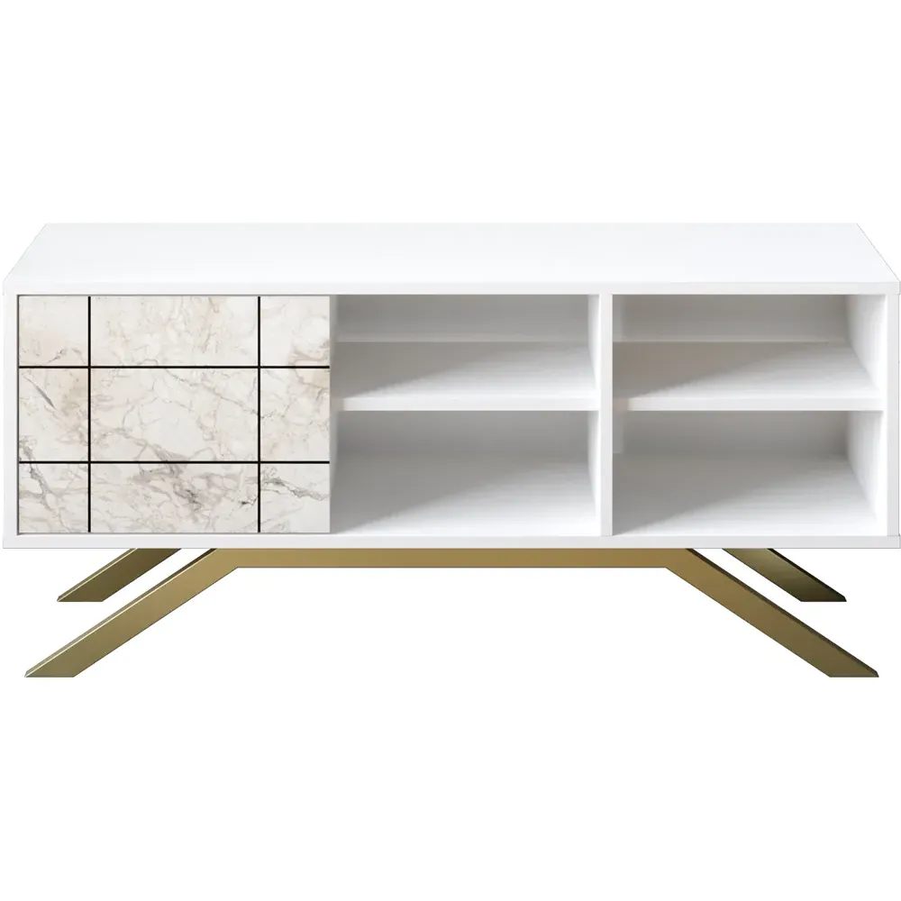 North Single Door TV Unit with Storage - White Marble