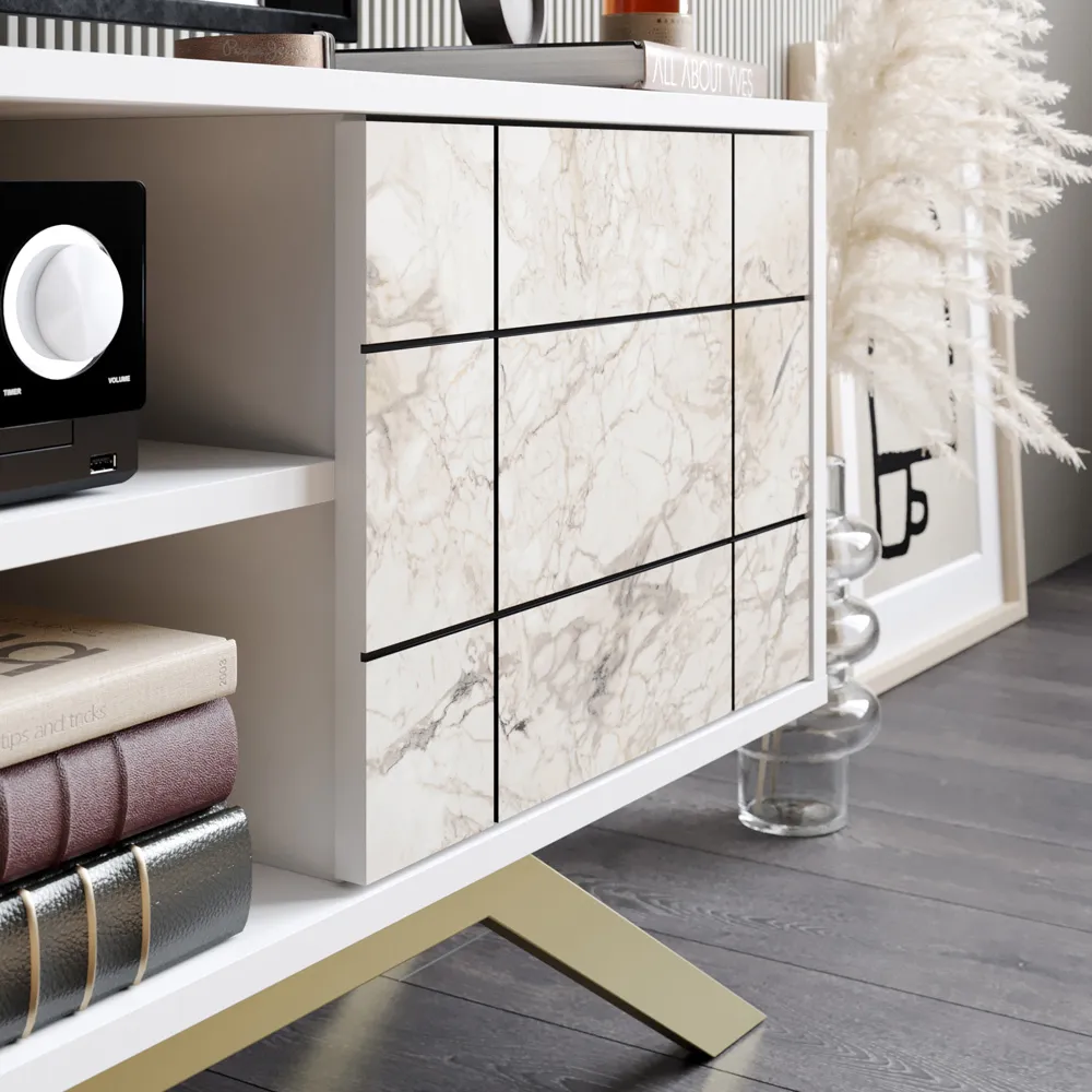 North Single Door TV Unit with Storage - White Marble
