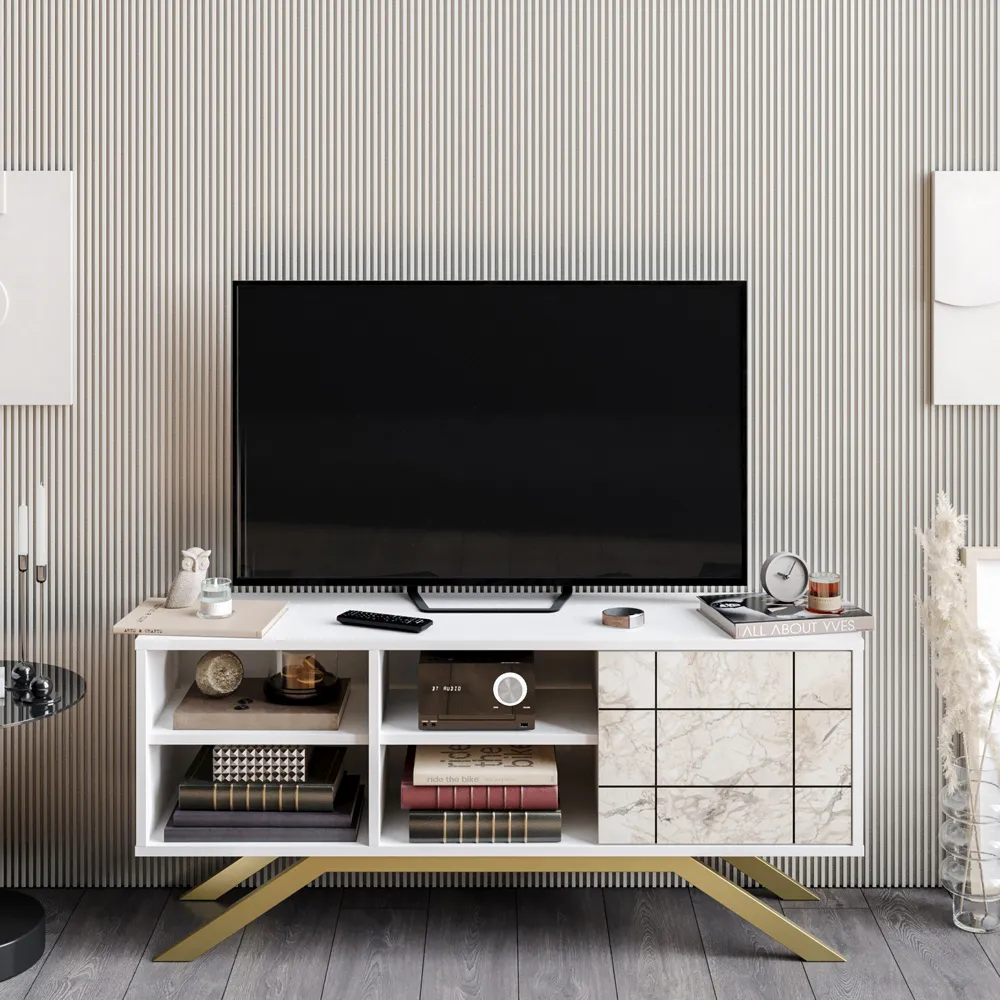 North Single Door TV Unit with Storage - White Marble