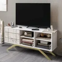 North Single Door TV Unit with Storage - White Marble