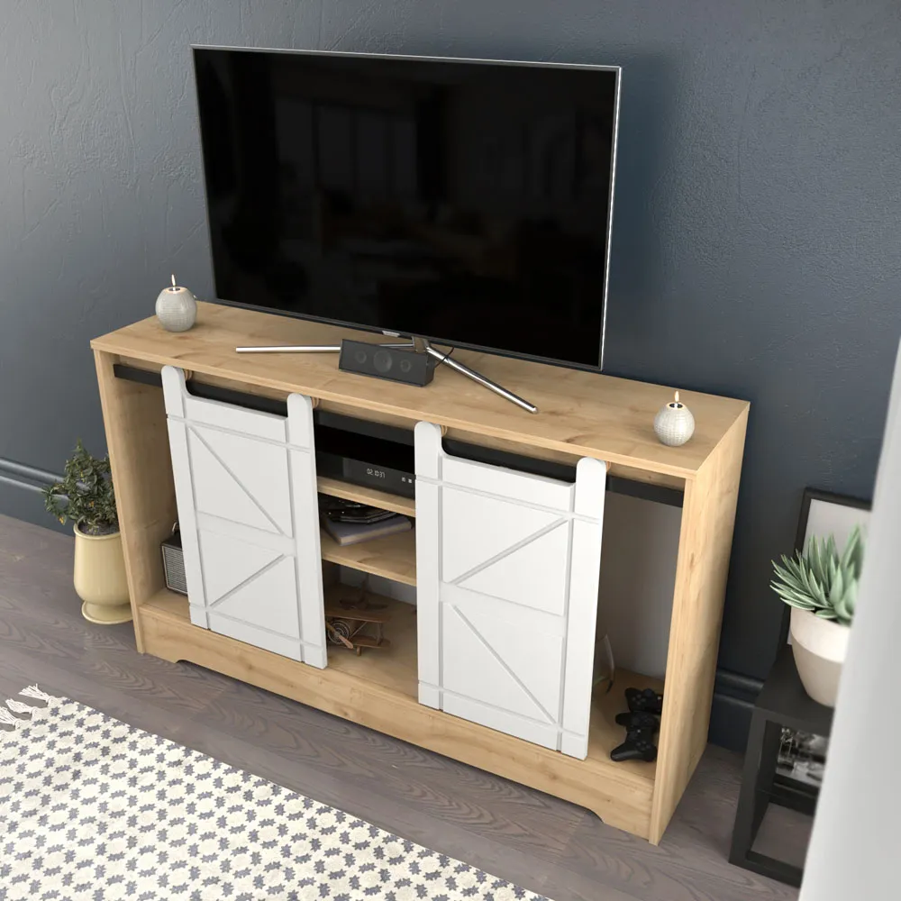Oak and White Barn Door TV Unit - Multi