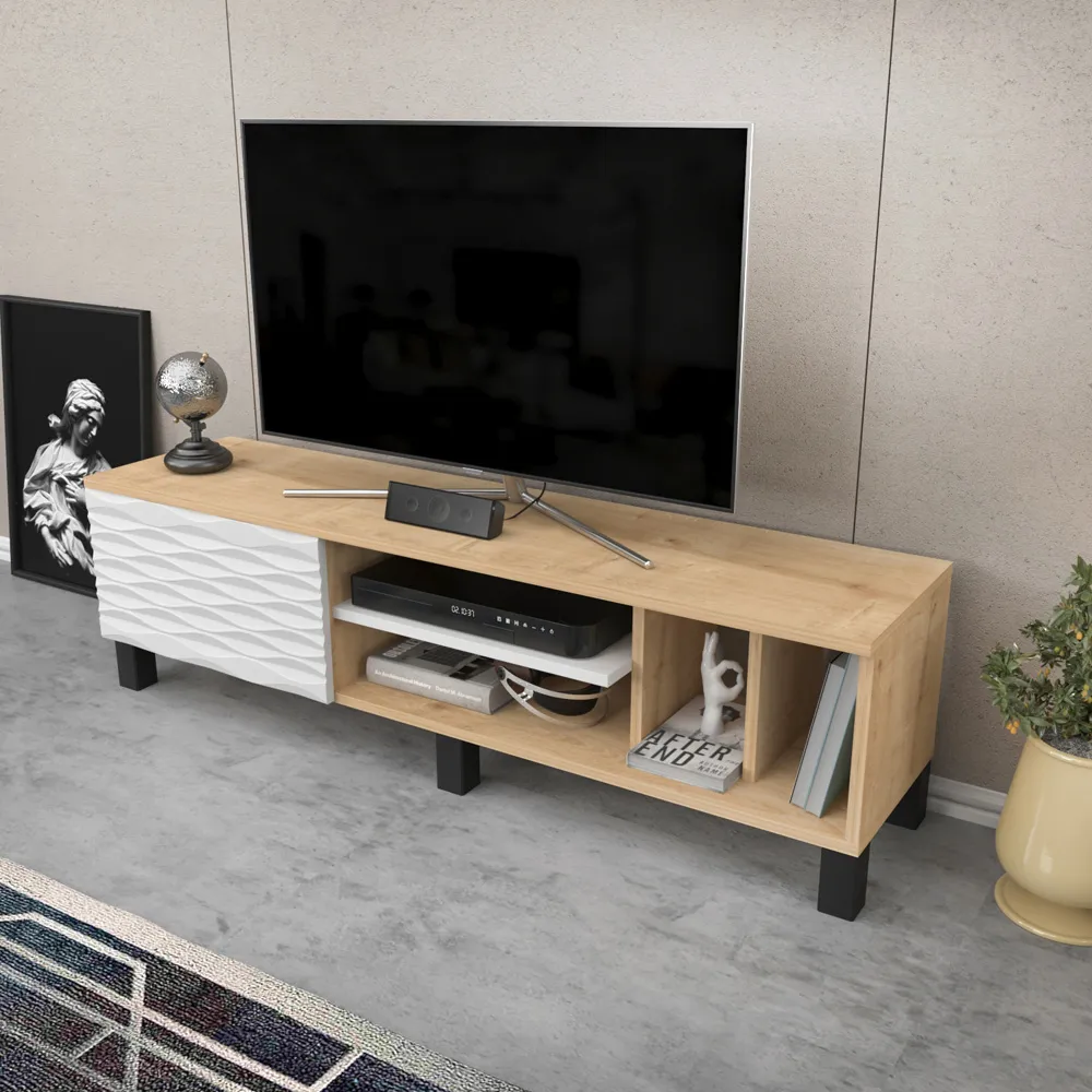 Olyo Single Door TV Unit with Storage - Oak, White