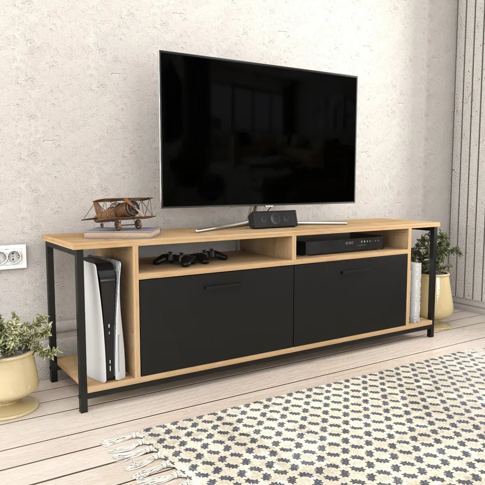 Omar 2 Door 4 Shelf TV Unit - Oak, Black