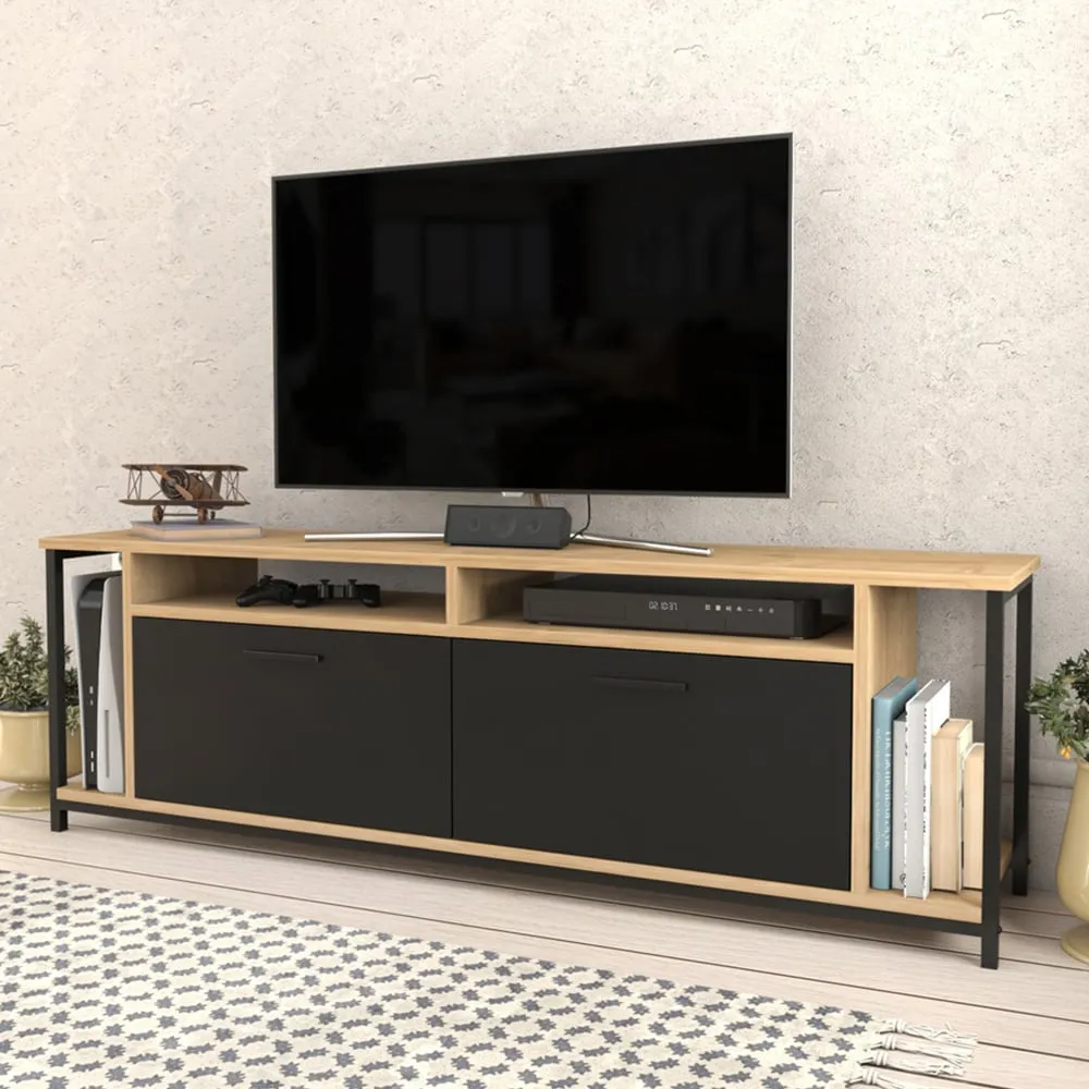 Omar 2 Door 4 Shelf TV Unit - Oak, Black image