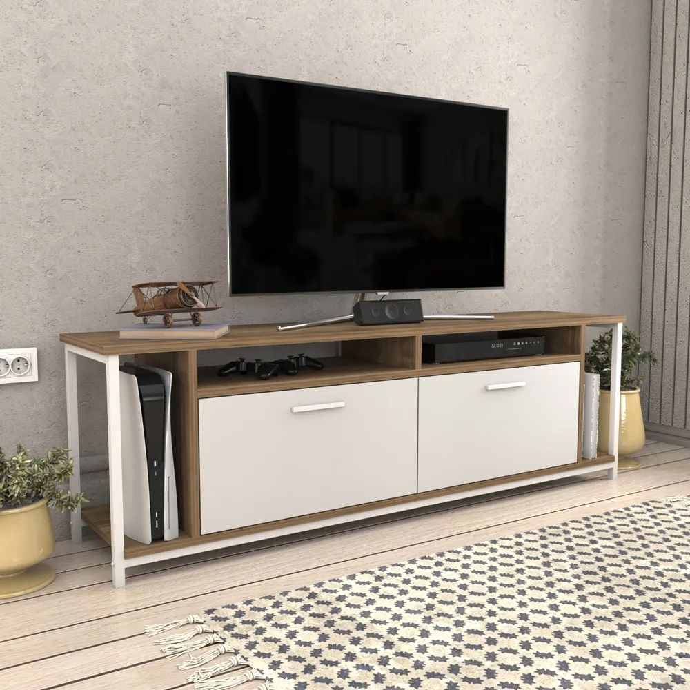 Omar 2 Door 4 Shelf TV Unit - Walnut, White