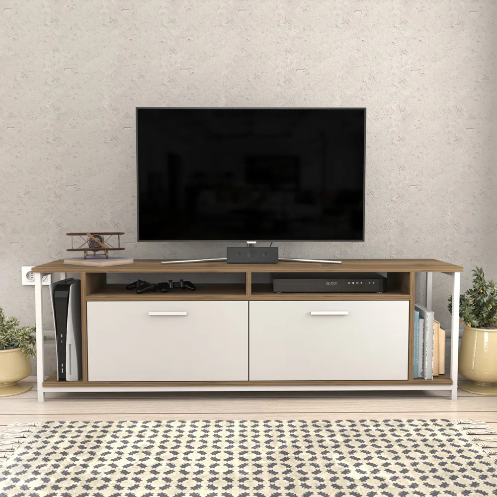 Omar 2 Door 4 Shelf TV Unit - Walnut, White