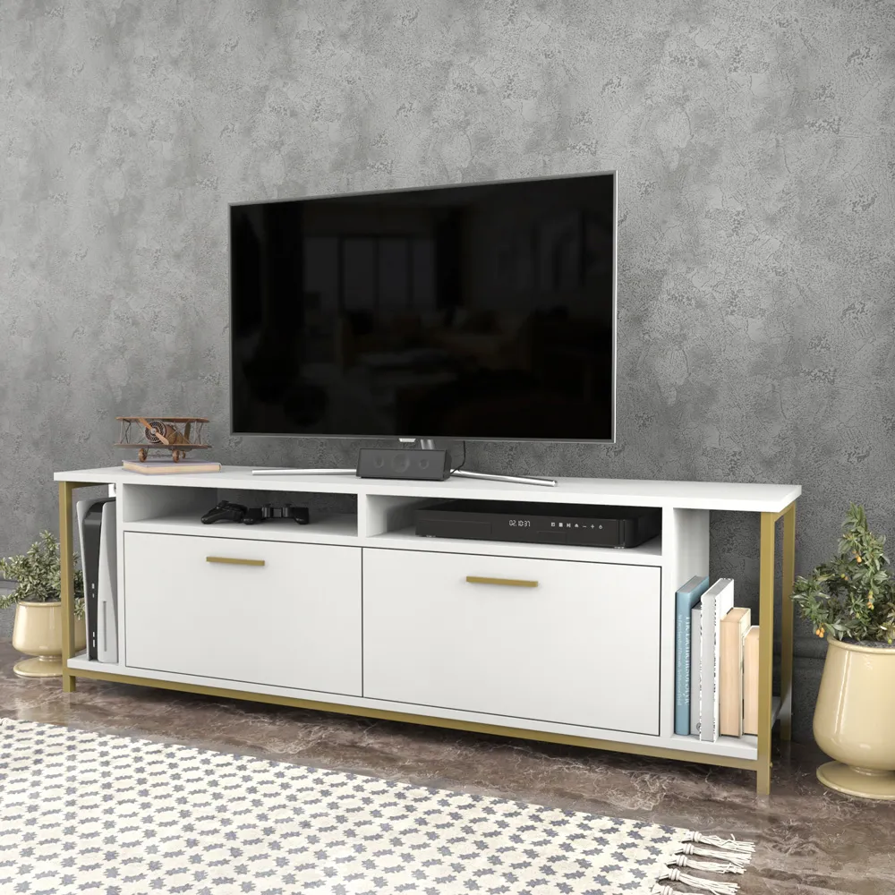 Omar 2 Door 4 Shelf TV Unit - White, Gold