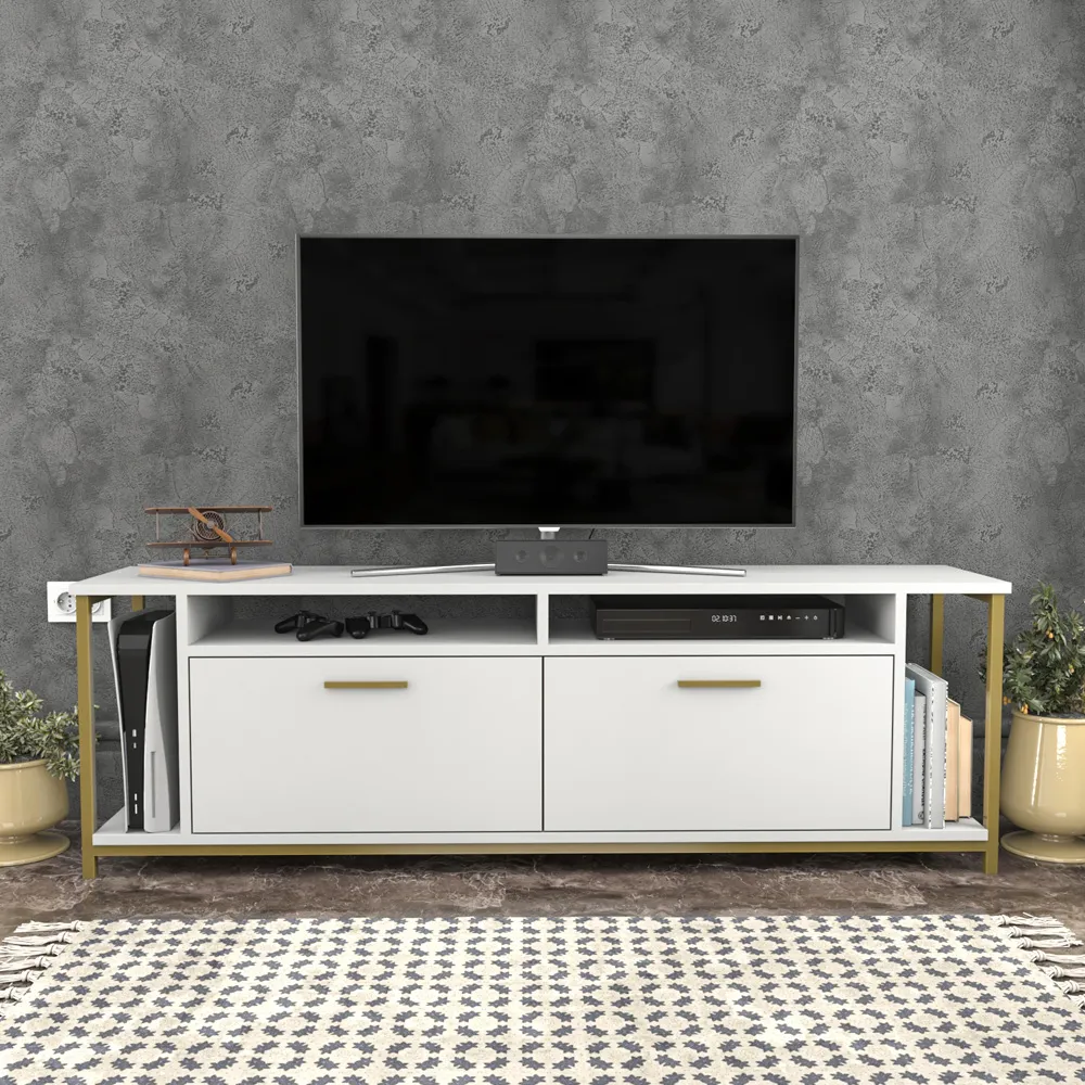 Omar 2 Door 4 Shelf TV Unit - White, Gold