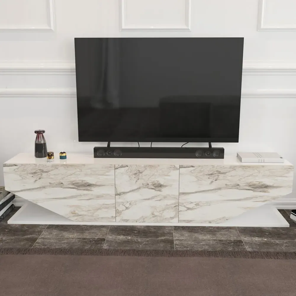 Pearl 3 Door TV Unit - White, Marble Effect image