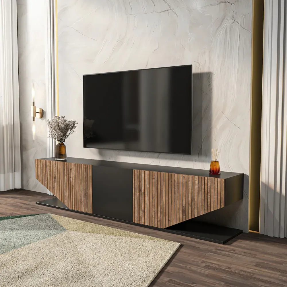 Pearl 3 Door TV Unit with Storage - Black, Melamine