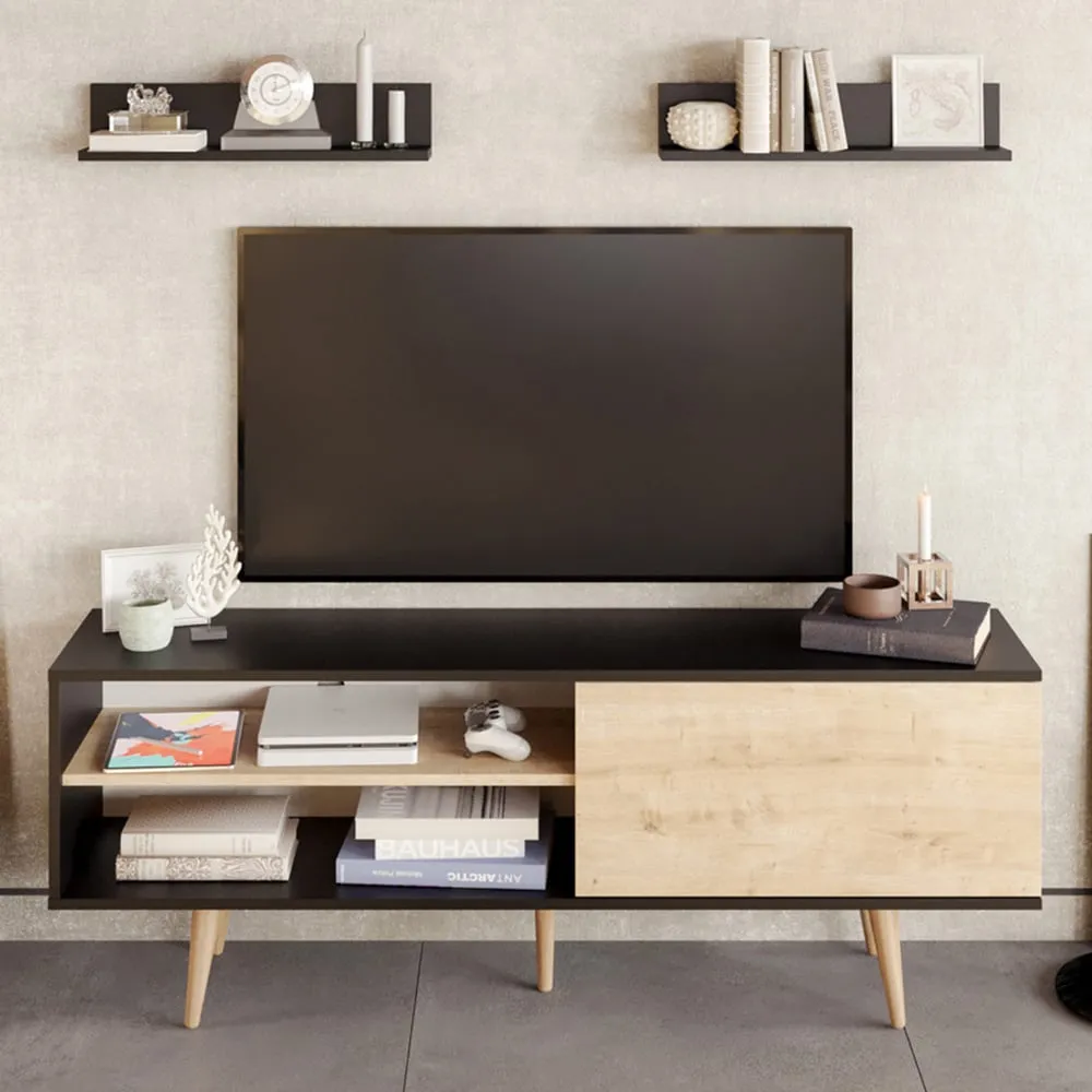 Pi Single Door TV Unit with Storage - Black, Oak image