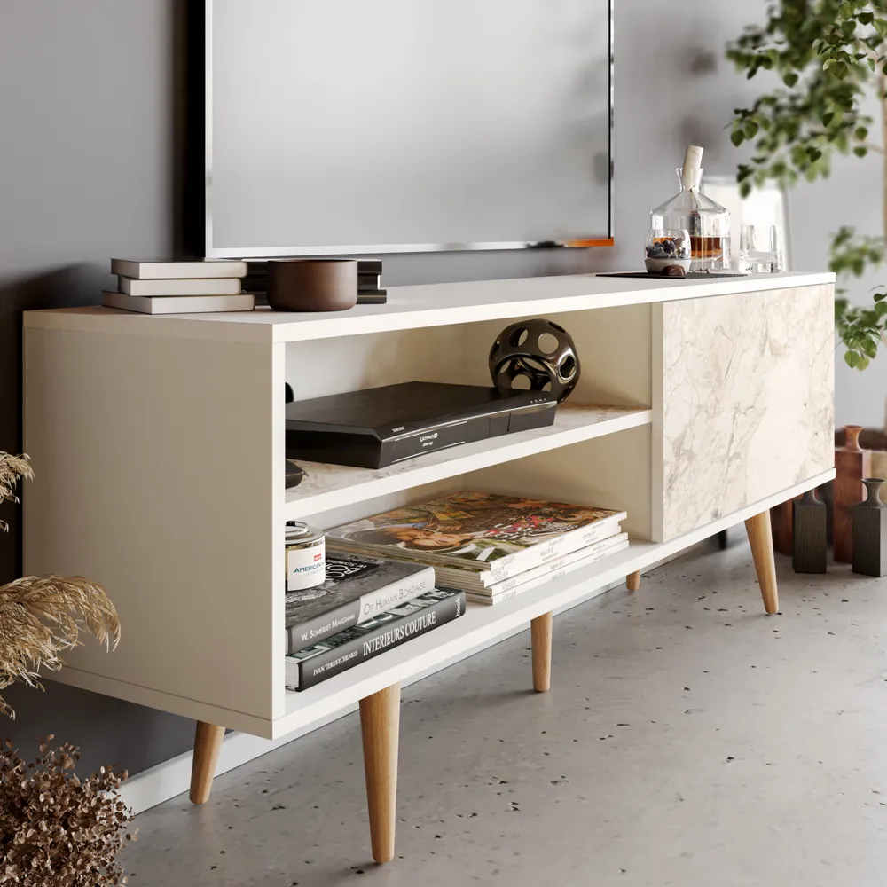 Pi Single Door TV Unit with Storage - White Marble