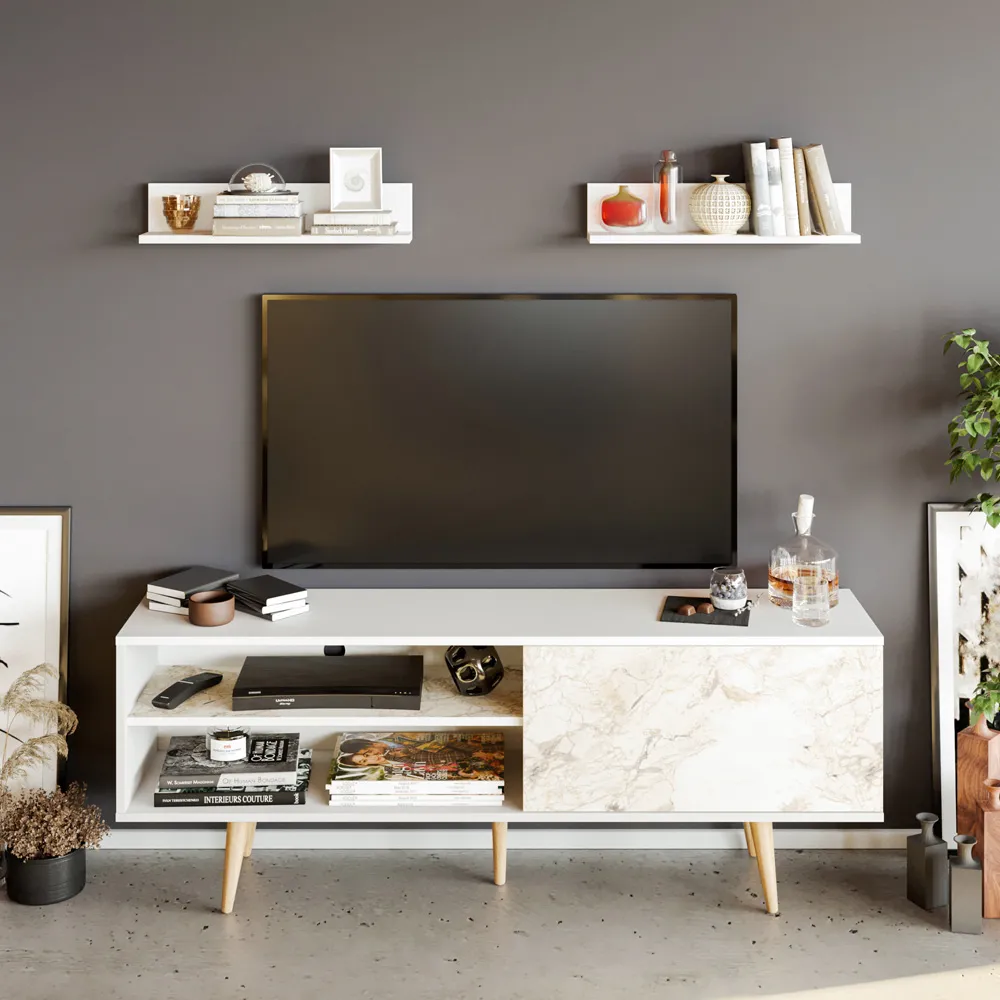 Pi Single Door TV Unit with Storage - White Marble