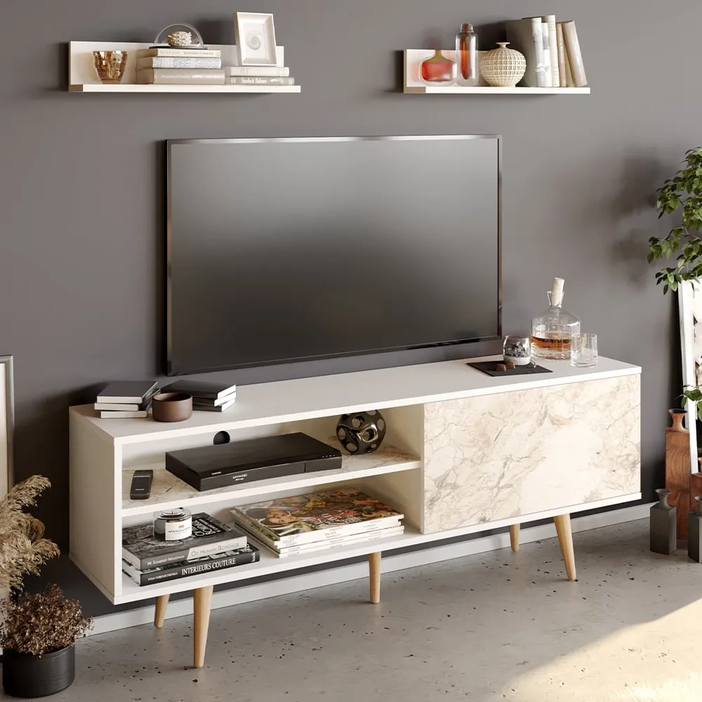 Pi Single Door TV Unit with Storage - White Marble
